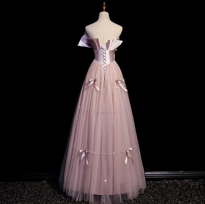 Pink A-Line Strapless Satin Tulle Long Prom Dress Graduation Prom Birthday Dress ED01708