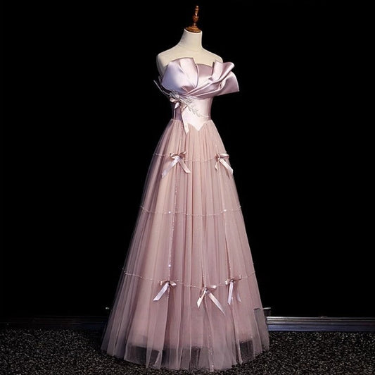 Pink A-Line Strapless Satin Tulle Long Prom Dress Graduation Prom Birthday Dress ED01708