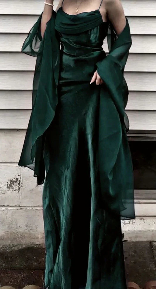 💚Vintage Dark Green Prom Dress Spaghetti Strap Chiffon Evening Gown with Shawl ED01713