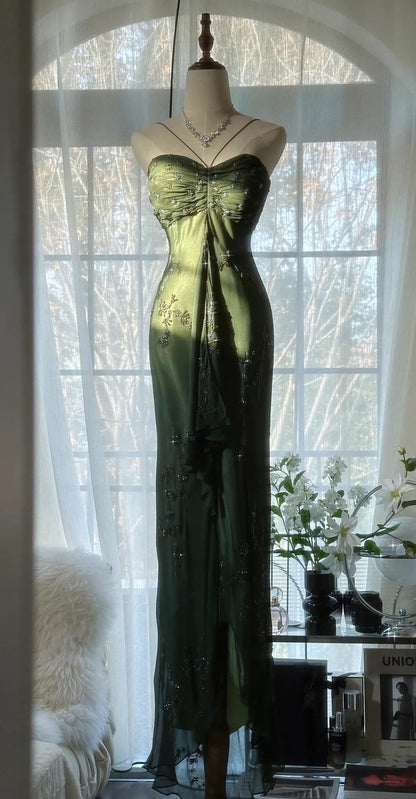 Vintage💚 Forest Green Prom Dress for Party&Quinceanera-Elegant Spaghetti Straps Glitter Beaded Evening Gown ED01717