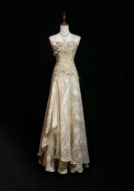 Gold A-Line Spaghetti Strap Satin Lace Long Prom Dress with Beaded Appliques ED01719