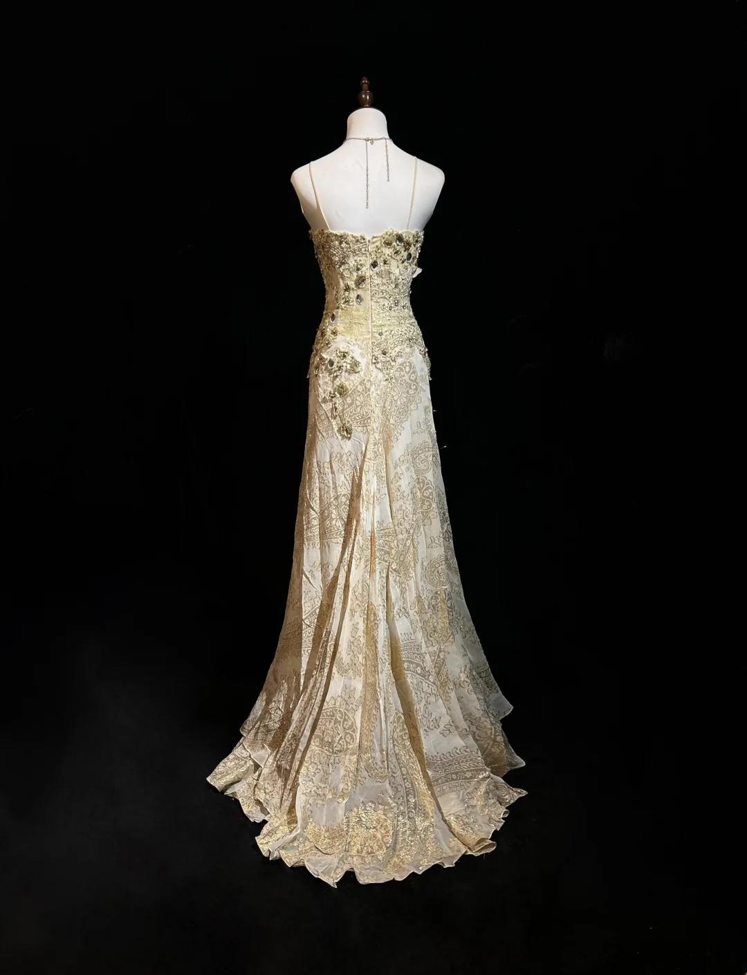 Gold A-Line Spaghetti Strap Satin Lace Long Prom Dress with Beaded Appliques ED01719