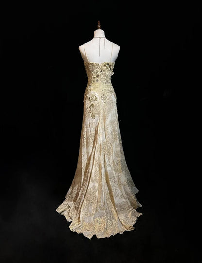 Gold A-Line Spaghetti Strap Satin Lace Long Prom Dress with Beaded Appliques ED01719