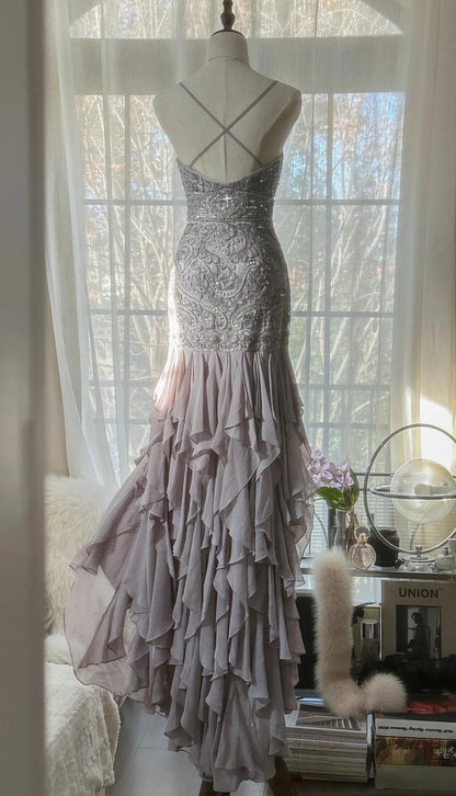 Purple Spaghetti Strap Bodycon Open Back Chiffon Sequin Long Prom Dress Adult Ceremony Dress with Appliques ED01720