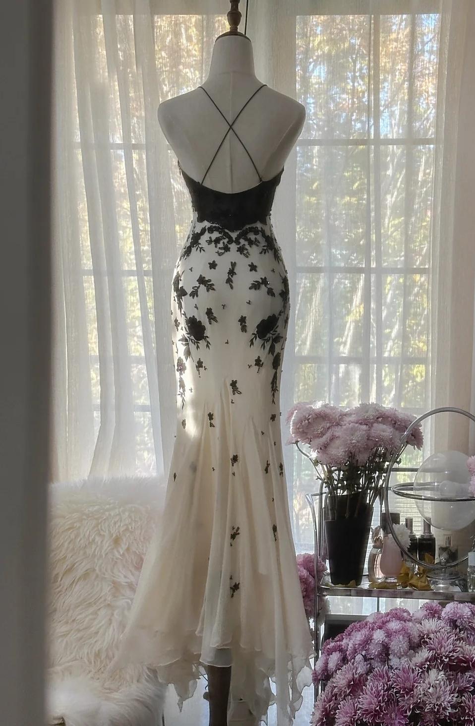 Mermaid Spaghetti Strap Chiffon Applique Long Prom Dress Temperament Birthday Dress ED01723