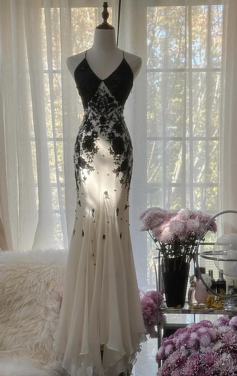 Mermaid Spaghetti Strap Chiffon Applique Long Prom Dress Temperament Birthday Dress ED01723