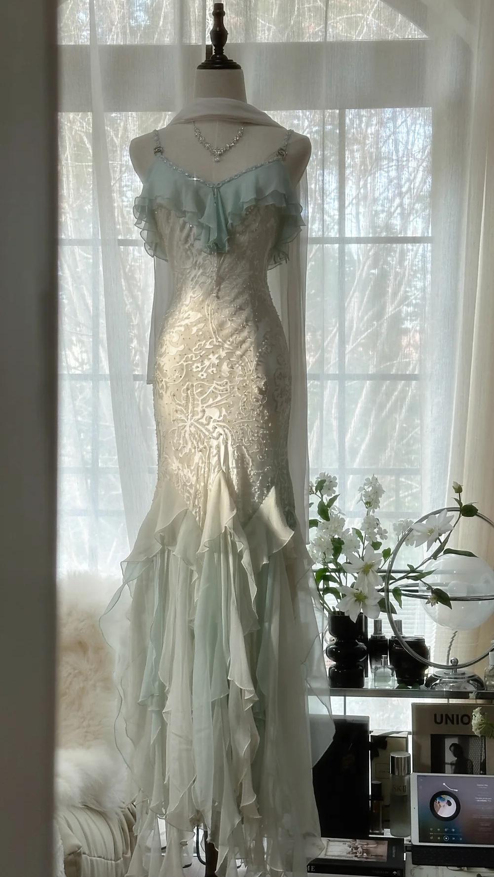 🎊Romantic Vintage Mint Green Prom Dress-Ruffled Chiffon &Beadwork Fairytale Mermaid Gown for Quinceanera&Events🍀  ED01725