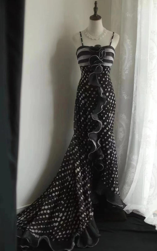 Mermaid Black Spaghetti Strap Chiffon Long Prom Skirt Polka Dot Evening Dress ED01731