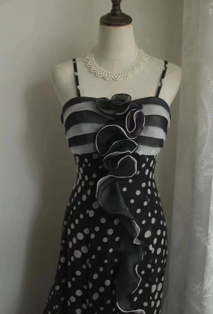 Mermaid Black Spaghetti Strap Chiffon Long Prom Skirt Polka Dot Evening Dress ED01731