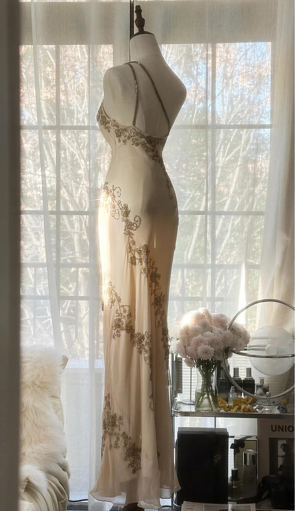 Champagne Retro Bodycon Dress Chiffon One Shoulder Beaded Long Prom Dress Graduation Prom Dress ED01733