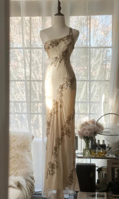 Champagne Retro Bodycon Dress Chiffon One Shoulder Beaded Long Prom Dress Graduation Prom Dress ED01733