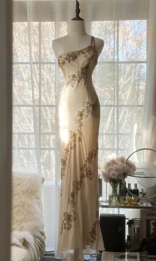 Champagne Retro Bodycon Dress Chiffon One Shoulder Beaded Long Prom Dress Graduation Prom Dress ED01733