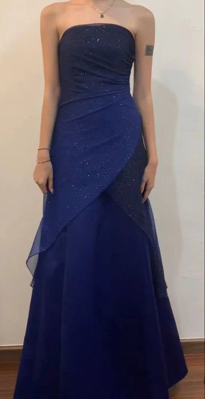 Vintage Navy Blue A line Strapless Sequins Tulle Long Prom Dress ED01740