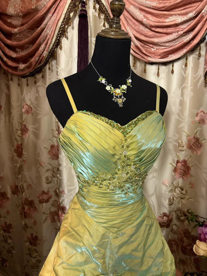 💚Fairytale Sage A-Line Mask Prom Dress Beaded Satin Evening Gown for Birthady&Graduation ED01742