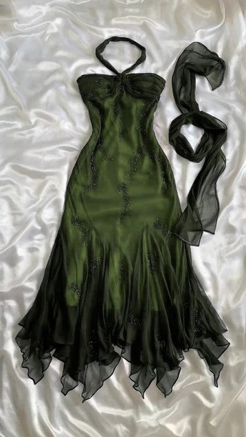 💃 Vintage Blue Tulle& Chiffon Prom Dress for Party&Graduation-90s Elegant Shinny Beaded  Evening Gown ED01743