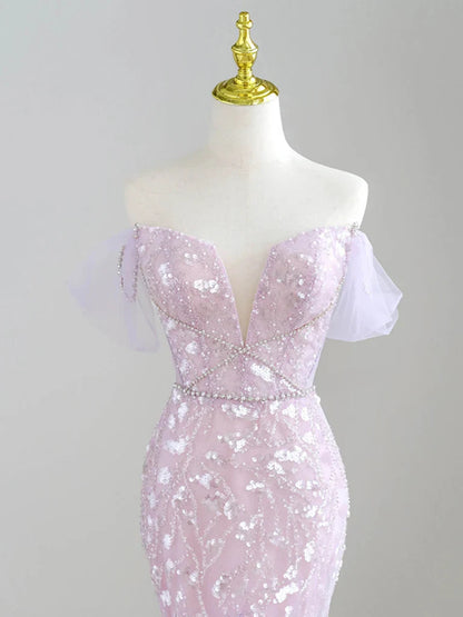 Mermaid V neck Tulle Sequin Purple Long Prom Dress Formal Dress ED01744