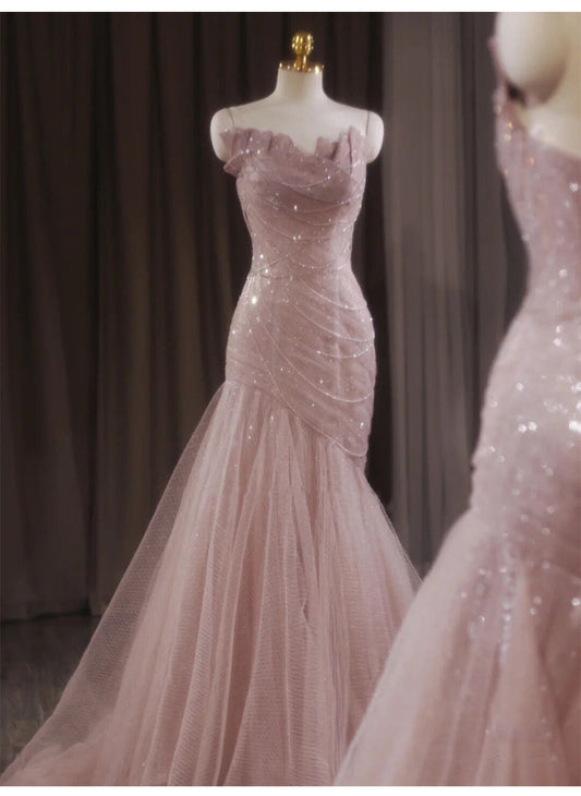 Pink Mermaid Strapless Tulle Sequined Long Prom Dress Sweet Wedding Dress ED01745