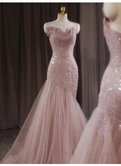 Pink Mermaid Strapless Tulle Sequined Long Prom Dress Sweet Wedding Dress ED01745
