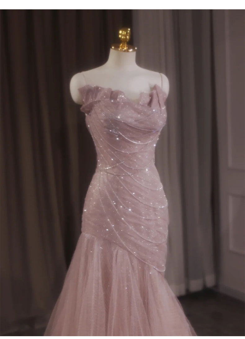 Pink Mermaid Strapless Tulle Sequined Long Prom Dress Sweet Wedding Dress ED01745