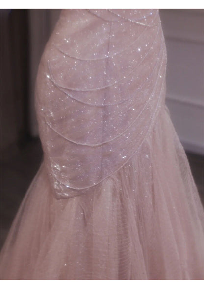 Pink Mermaid Strapless Tulle Sequined Long Prom Dress Sweet Wedding Dress ED01745