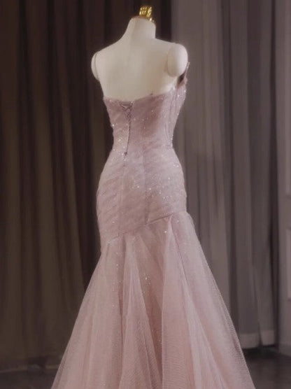 Pink Mermaid Strapless Tulle Sequined Long Prom Dress Sweet Wedding Dress ED01745