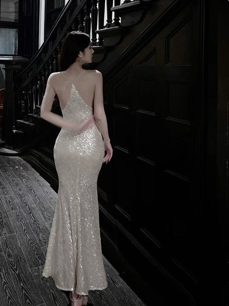 Silver Mermaid Spaghetti Strap Sequin Prom Dress Shimmer Evening Gown ED01753