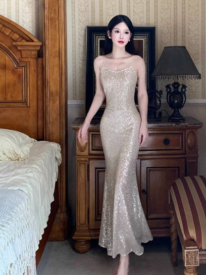 Silver Mermaid Spaghetti Strap Sequin Prom Dress Shimmer Evening Gown ED01753