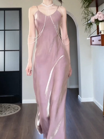 Elegant Spaghetti Strap Bodycon Dress V Neck Glitter Silk Prom Dress ED01756