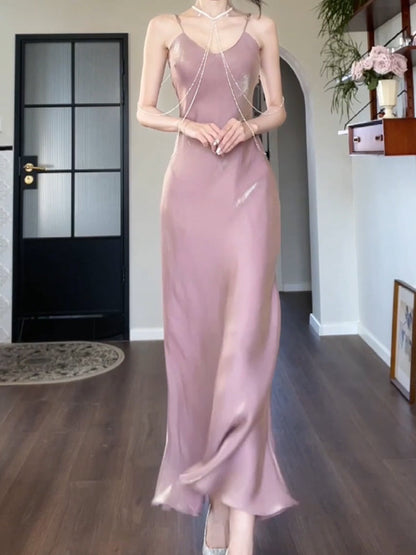 Elegant Spaghetti Strap Bodycon Dress V Neck Glitter Silk Prom Dress ED01756