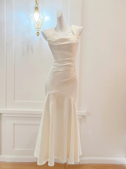 Elegant White Mermaid Square Neck Satin Prom Dress Birthday Dress ED01759