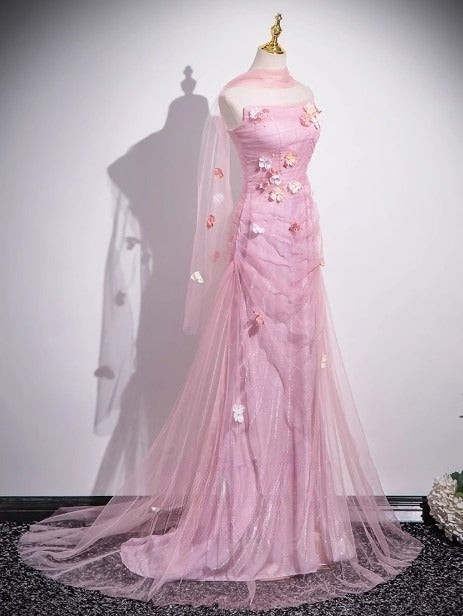Pink Mermaid Strapless Tulle 3D Applique Long Prom Dress Sweet Wedding Dress ED01761