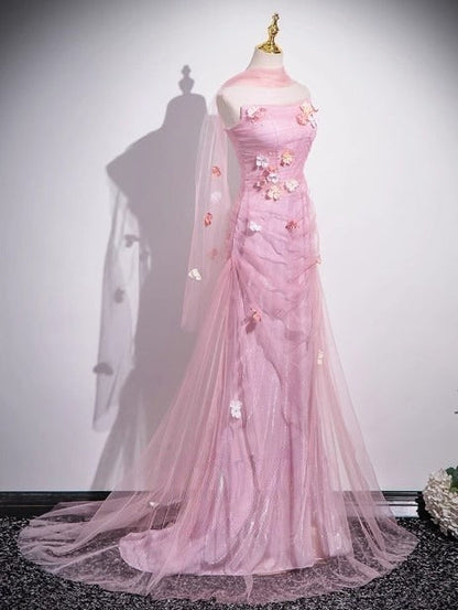 Pink Mermaid Strapless Tulle 3D Applique Long Prom Dress Sweet Wedding Dress ED01761