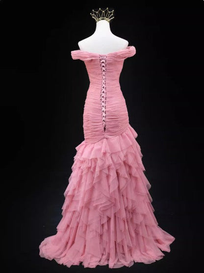 Pink Mermaid Off-the-shoulder Tulle Long Prom Dress Adult Ceremony Dress ED01764