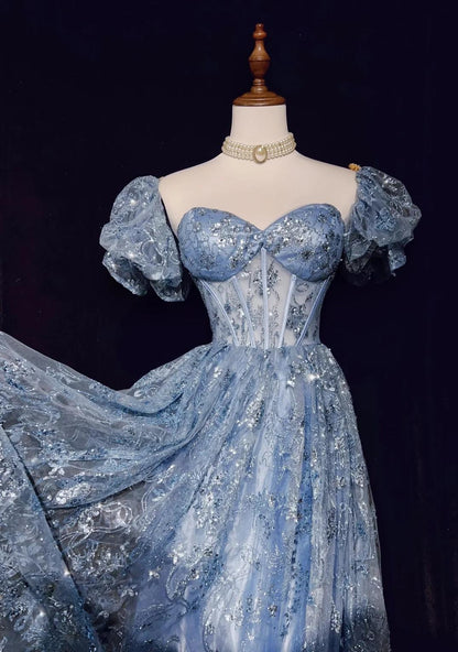 Blue A-Line Sweetheart Neck Tulle Sequin Long Prom Dress Exquisite Birthday Dress ED01766
