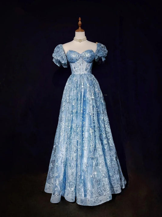 Blue A-Line Sweetheart Neck Tulle Sequin Long Prom Dress Exquisite Birthday Dress ED01766