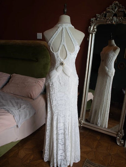 White Mermaid V-neck Velvet Chiffon Prom Dress ED01767