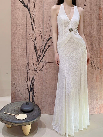 White Mermaid V-neck Velvet Chiffon Prom Dress ED01767