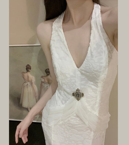 White Mermaid V-neck Velvet Chiffon Prom Dress ED01767