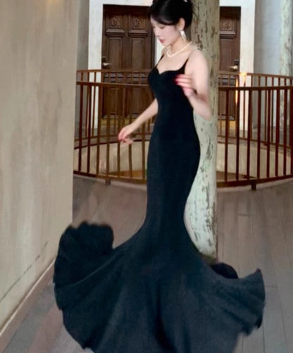 Elegant Spaghetti Strap Black Mermaid Backless Prom Dress ED01770