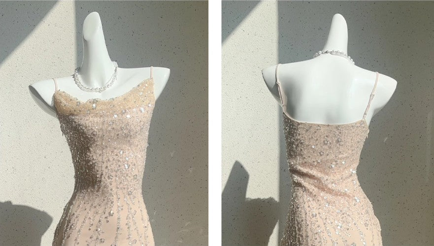 Flesh Pink Spaghetti Strap Mermaid Tulle Sequined Prom Dress Birthday Dress ED01771
