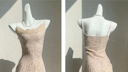 Flesh Pink Spaghetti Strap Mermaid Tulle Sequined Prom Dress Birthday Dress ED01771