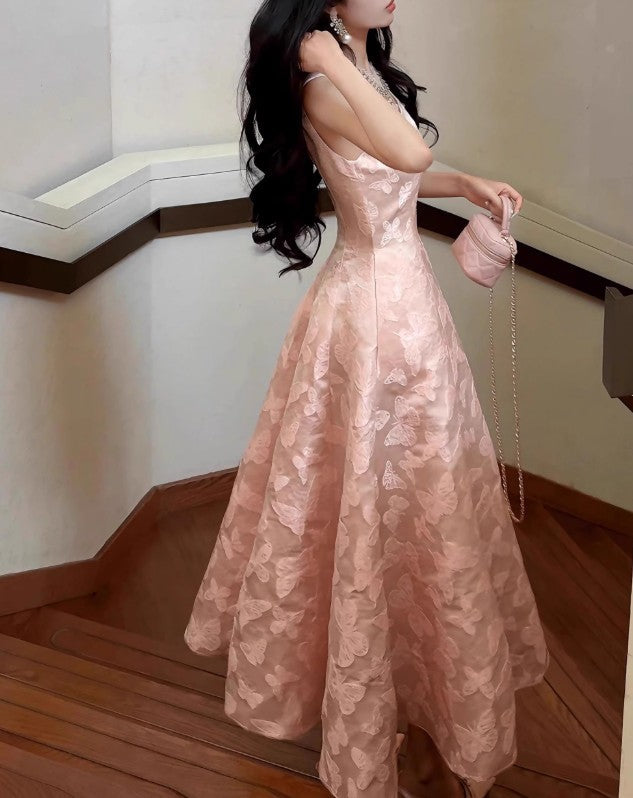 Pink A-Line Vintage Butterfly Embroidered Satin Prom Dress Birthday DressED01772