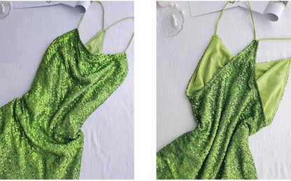 Vintage Green Sheath Spaghetti Strap Sequined Prom Dress Birthday Dress ED01774