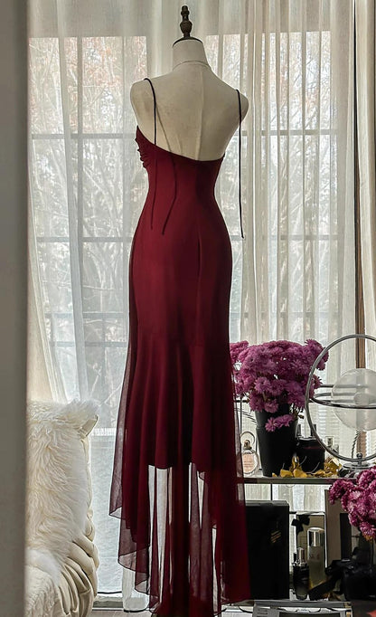 Vintage Red Mermaid Strapless Chiffon Prom Dress Graduation Prom Dress ED01775