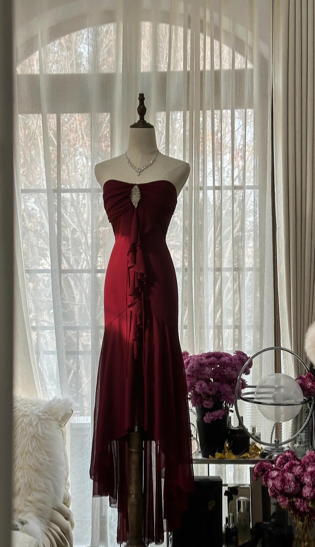 Vintage Red Mermaid Strapless Chiffon Prom Dress Graduation Prom Dress ED01775