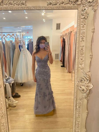 Pretty Grey Purple Mermaid Spaghetti Strap Tulle Lace Prom Dress ED01777