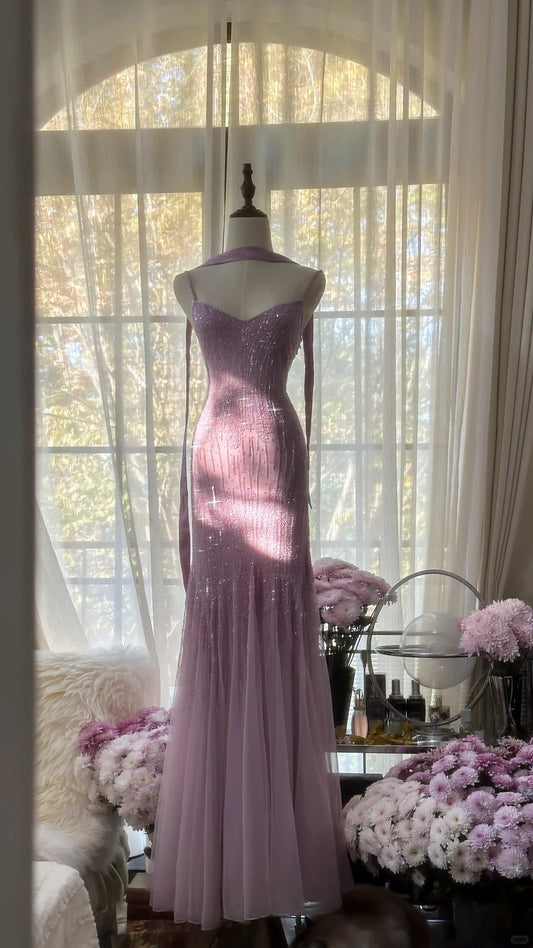 💜Elegant Retro Purple Mermaid Gown for Prom&Party✨Sparking Squins Beaded Tulle&Chiffon Evening Gown ED01778