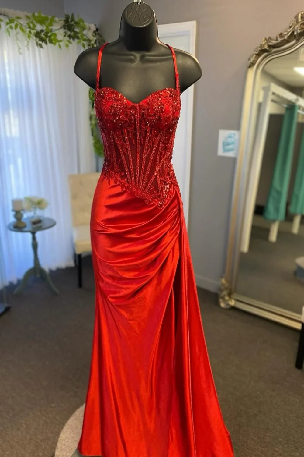 Sage Green Spaghetti Straps Sequins Mermaid Appliqued Prom Dress With Split ED01779