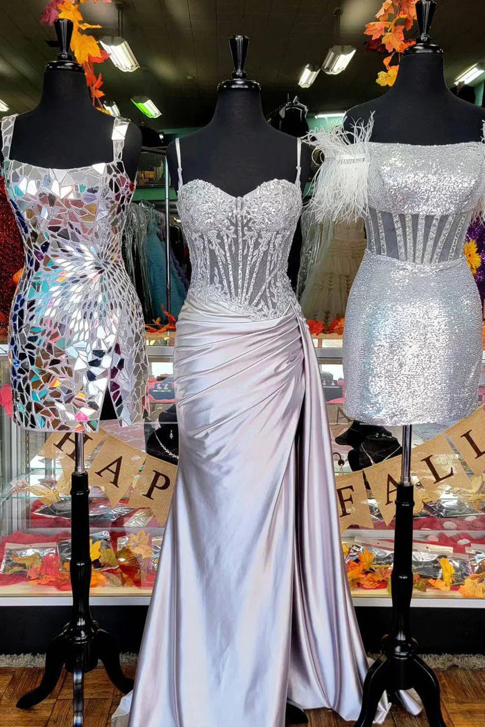 Sage Green Spaghetti Straps Sequins Mermaid Appliqued Prom Dress With Split ED01779