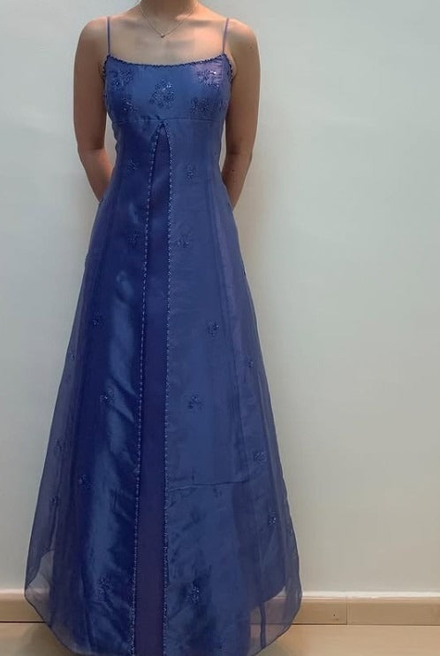 Vintage Spaghetti Strap Blue Tulle Beaded Prom Dress ED01783